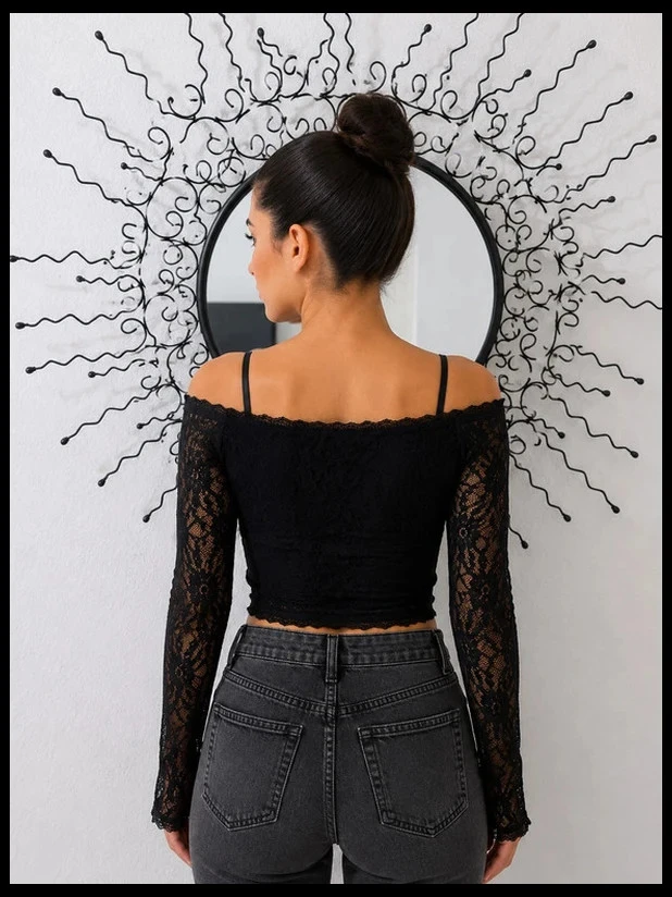 Jennyfer Black Lace Crop Top – Off-Shoulder & Lace-Up Details – Size XS (New) – photo 9